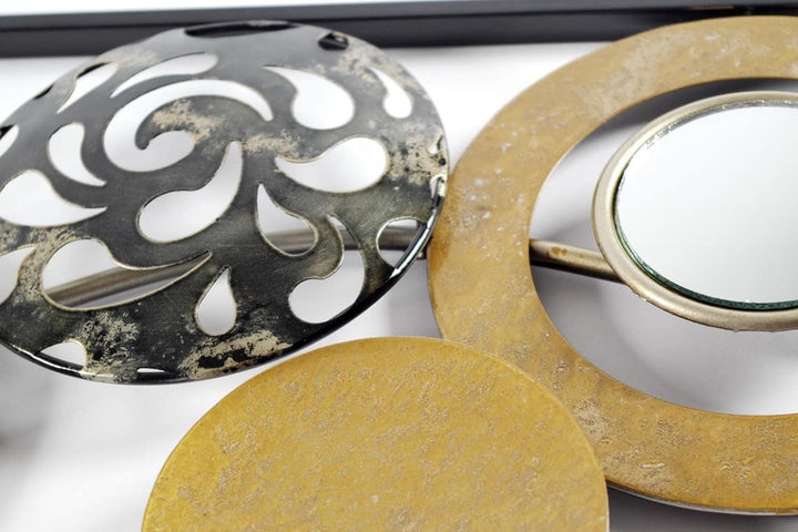 Kobolo Metall-Wandbild Wanddeko Metallbild - mit Ringen, Kreisen und Spiegeln - 90x31 cm