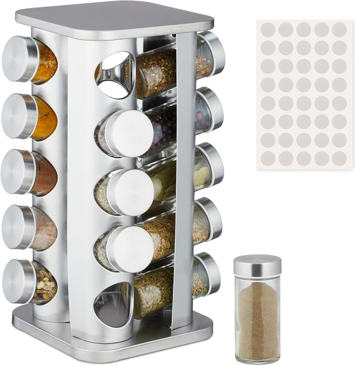 Relaxdays Gewürzkarussell, 20 Gewürzgläser, 40 Etiketten, 360° drehbar, Edelstahl, Glas, HBT: 33,5 x