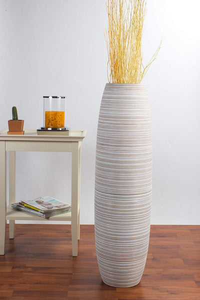 Leewadee Grosse Bodenvase für Dekozweige hohe Standvase Design Holzvase, Holz, 90 cm, White Wash 90