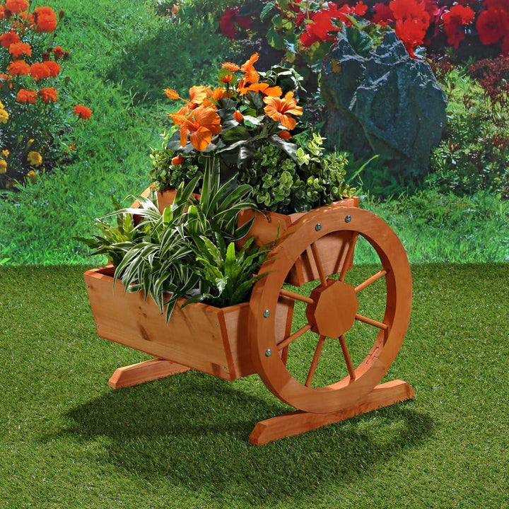 Melko Wagenrad Pflanzkübel aus Holz 44 x 42 x 40 cm – schöner Deko-Pflanzkübel mit grossen Wagenräde