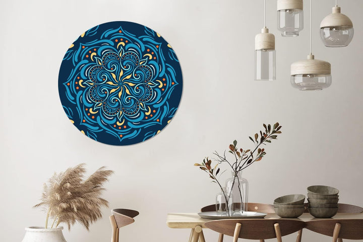 Wandbild Rund Wanddeko Deko Wohnzimmer Bilder 90x90 cm Mandala - Blau - Gelb - Muster 90.00 x 90.00