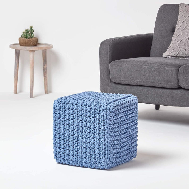 Homescapes Sitzhocker Sitzwürfel blau 35 x 35 x 35 cm, Strick Pouf, grob gestrickter Bezug aus 100%