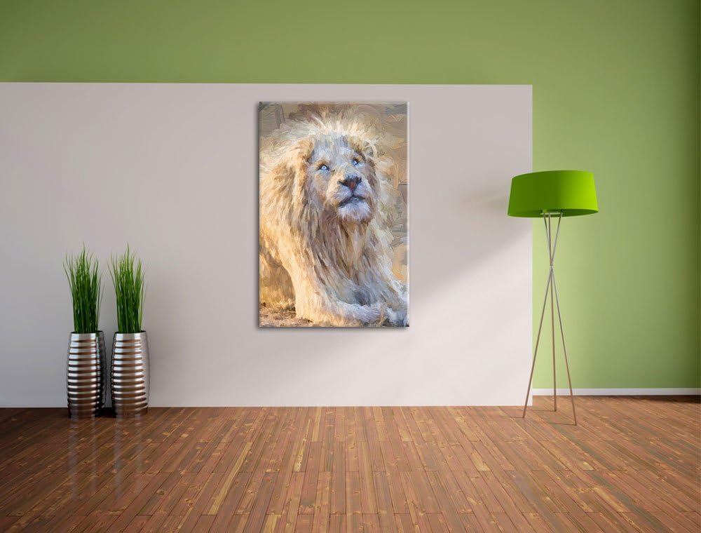 anmutiger weisser Löwe Deluxe Format: 100x70 cm auf Leinwand, XXL riesige Bilder fertig gerahmt mit