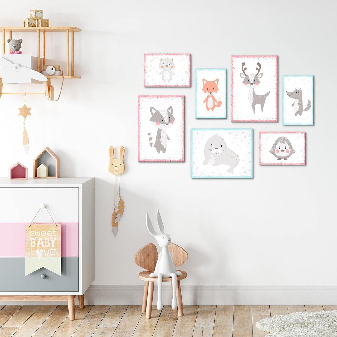 Novart Wandbilder Waldtiere - KOMPLETT AUFHÄNGFERTIG - Rosa Kinderzimmer Mädchen- 7 Moderne Mood-Bil