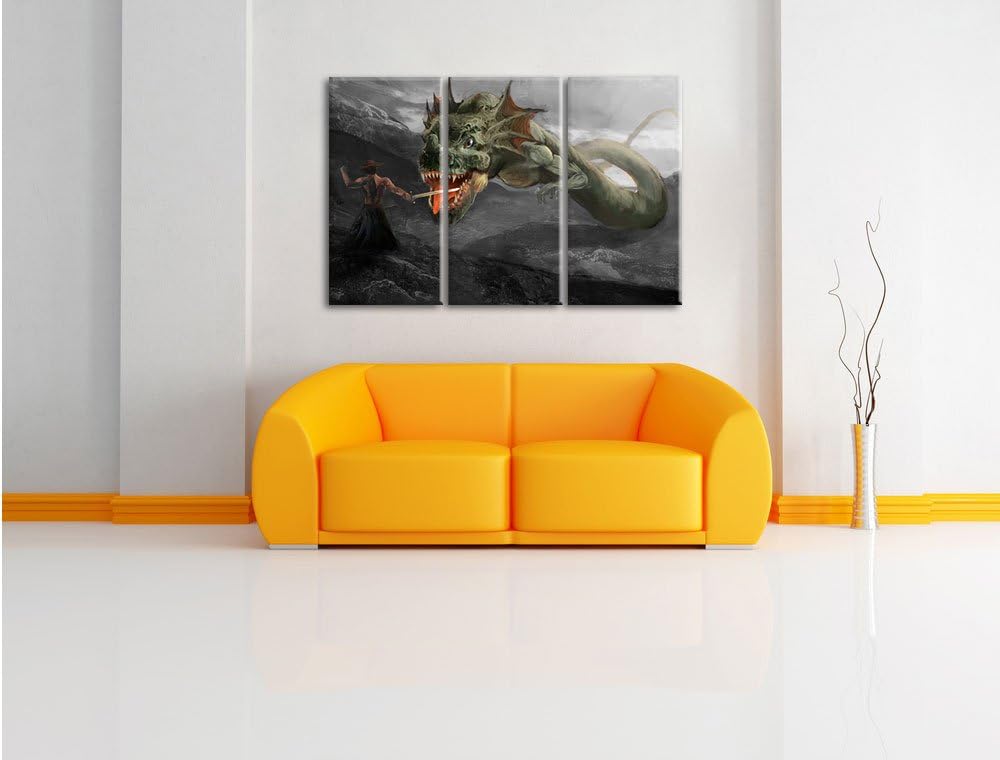 Pixxprint Drache kämpft gegen Krieger als Leinwandbild/Grösse: 3 Teilig (120x80) cm/Wandbild/Kunstdr