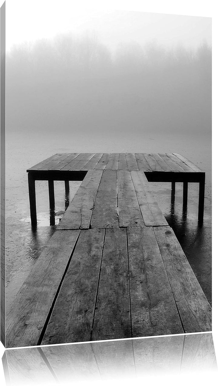 Steg am See Nebel, Format: 100x70 auf Leinwand, XXL riesige Bilder fertig gerahmt mit Keilrahmen, Ku