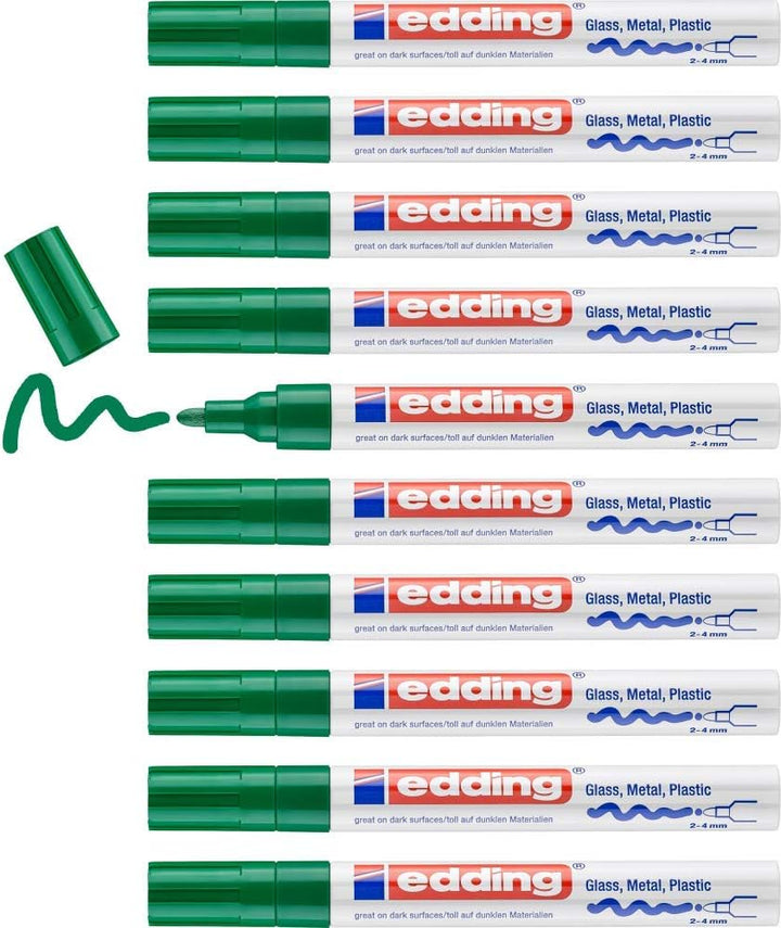 edding 750 Glanzlackmarker - grün - 10 Lackmarker - Rundspitze 2-4 mm - Lackstift für Glas, Stein, H