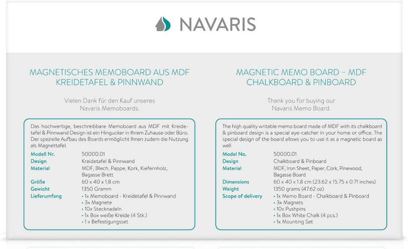 Navaris Kombitafel aus Kreidetafel und Kork Pinnwand - Memoboard 60x40 cm mit magnetischer Tafelfoli