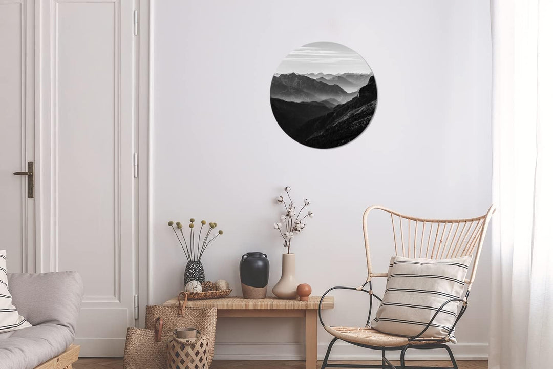 MuchoWow Wandbild Rund Wanddeko Deko Wohnzimmer Bilder 30x30 cm Berge - Natur - Nebel, 30x30 cm