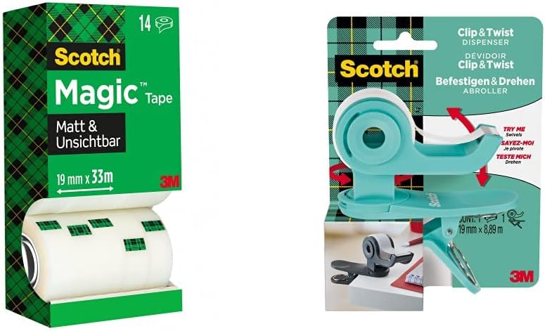 Scotch Magic Klebeband – Vorteilspack 14 Rollen 19mm x 33m & Scotch Clip & Twist Klebeband-Abroller