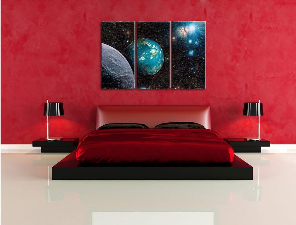 Pixxprint Planet Erde im Kosmos / 3-Teilig/Gesamtmass 120cm Leinwandbild bespannt auf Holzrahmen/Wan