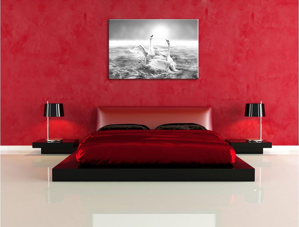 Pixxprint anmutige Schwäne Spritzen in den Wellen des Meeres Kunst B&W, Format: 100x70 auf Leinwand,