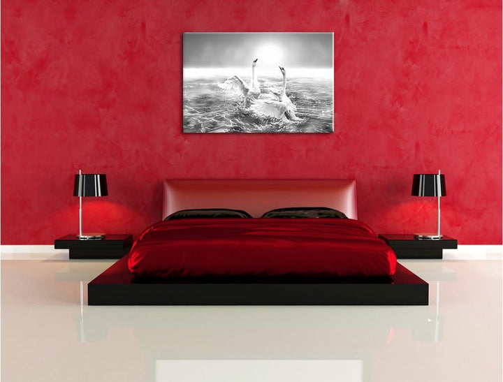 Pixxprint anmutige Schwäne Spritzen in den Wellen des Meeres Kunst B&W, Format: 100x70 auf Leinwand,