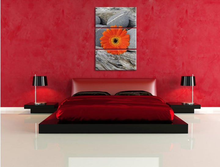 Pixxprint Gerbera zwischen Zen Steinen als Leinwandbild - Grösse: 3-Teilig (120x80cm) - Wandbild - K