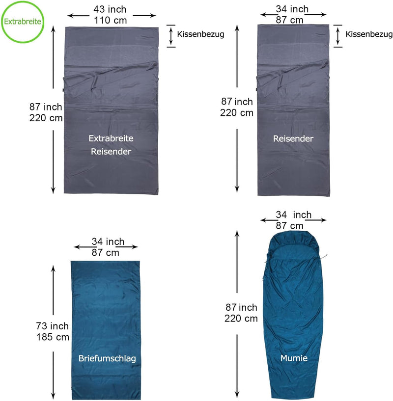 BROWINT Seidenschlafsack, Hüttenschlafsack aus 100% Naturseide, Extrabreite 220x110cm, 220x87cm, 185