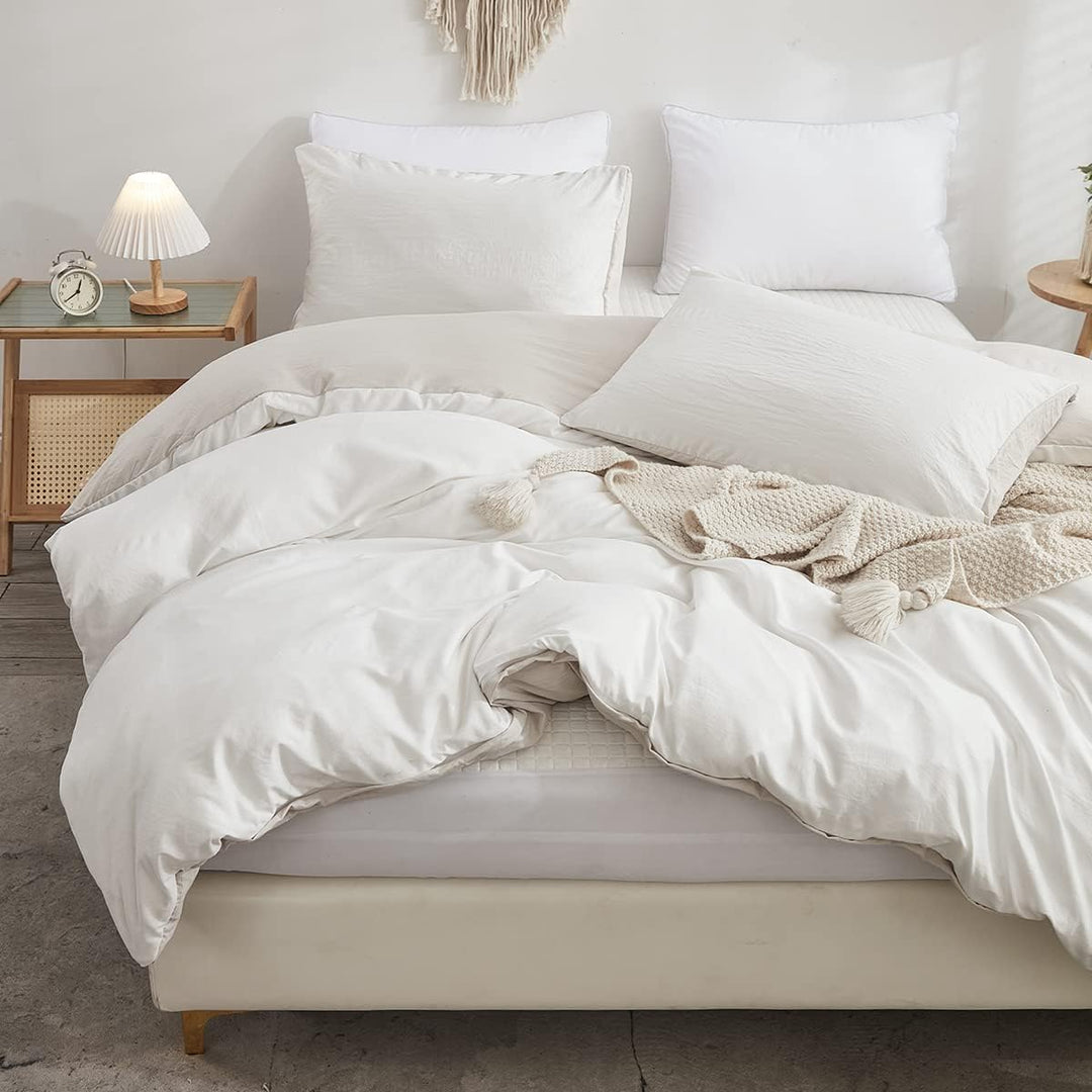 Freyamy Wendbar Bettwäsche 135x200cm 2teilig Weiss Beige Unifarben Uni Wendebettwäsche Gewaschene Mi