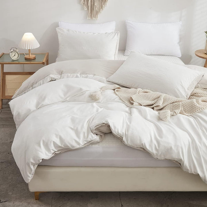 Freyamy Wendbar Bettwäsche 135x200cm 2teilig Weiss Beige Unifarben Uni Wendebettwäsche Gewaschene Mi