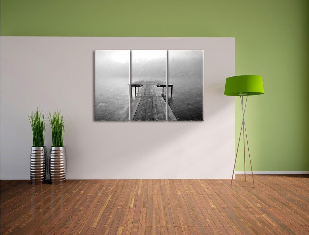 Pixxprint Steg am See im Nebel Kohle Effekt 3-Teiler Leinwandbild 120x80 Bild auf Leinwand
