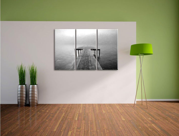 Pixxprint Steg am See im Nebel Kohle Effekt 3-Teiler Leinwandbild 120x80 Bild auf Leinwand