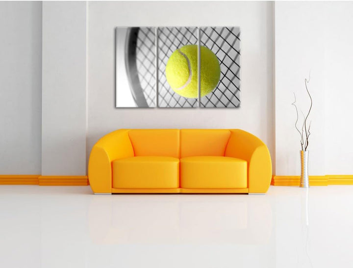 Pixxprint Tennisschläger mit Tennisball Schwarz/Weiss 3-Teiler Leinwandbild 120x80 Bild auf Leinwand
