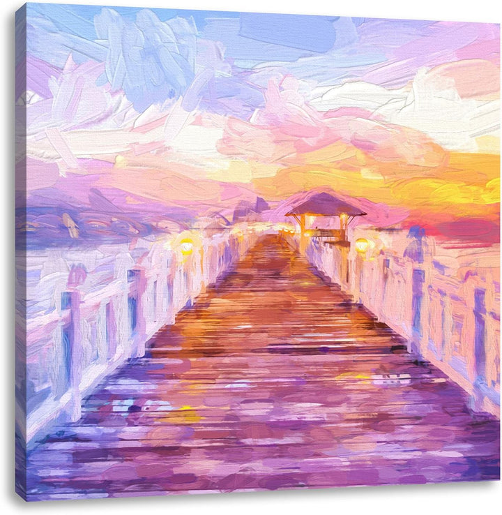 Pixxprint Steg ins Meer bei Sonnenuntergang Pinsel Effekt, Format: 70x70 auf Leinwand, 70x70