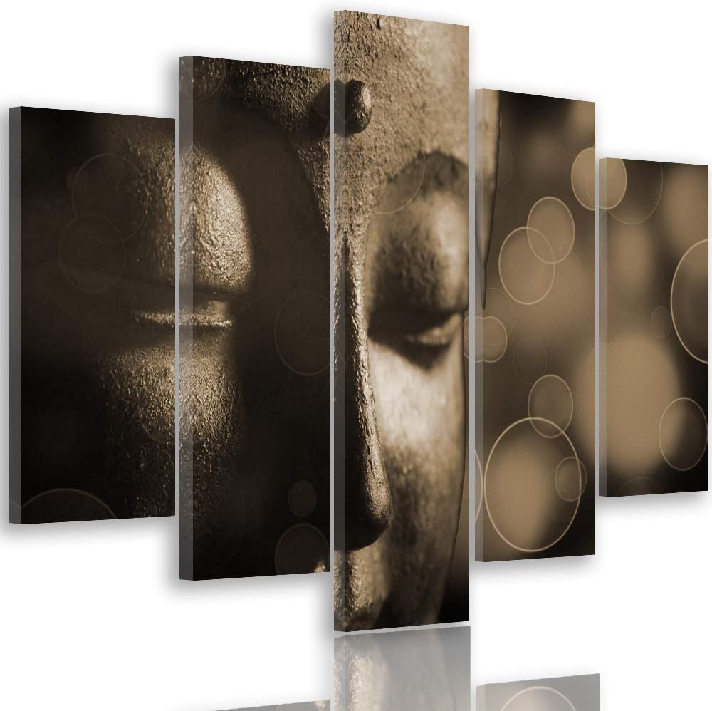 Feeby Leinwandbild Buddha 5 TLG Bild Kunstdruck Abstrakt Zen Meditation Sepia 100x70 cm Leinwandbild