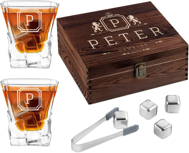 Maverton Whisky Steine Set - in Holzbox mit Gravur - 8 Eiswürfel + 2 Whisky Gläser - wiederverwendba