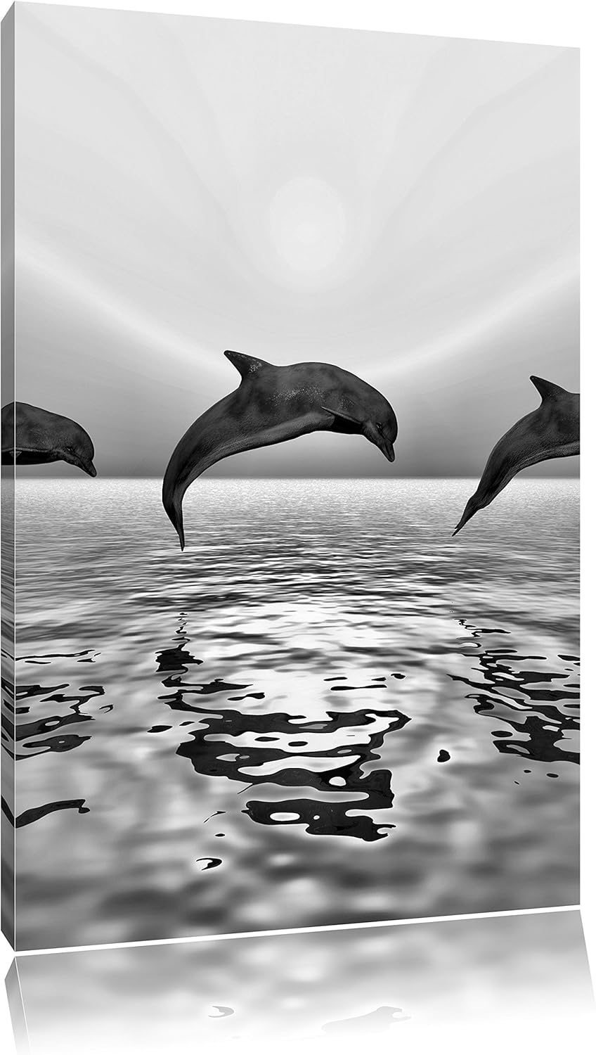Pixxprint Monocrome, springende Delfine im Sonnenuntergang, Format: 100x70 auf Leinwand, 100x70