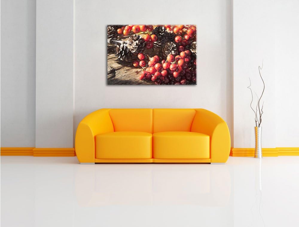 Pixxprint Vogelbeeren und Tannenzapfen als Leinwandbild/Grösse: 100x70 / Wandbild/Kunstdruck/fertig