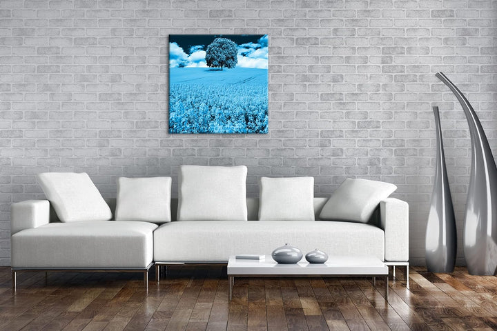 deyoli einzelner Baum im Rapsfeld Format: 60x60 Effekt: Monocrome Blau als Leinwandbild, Motiv ferti