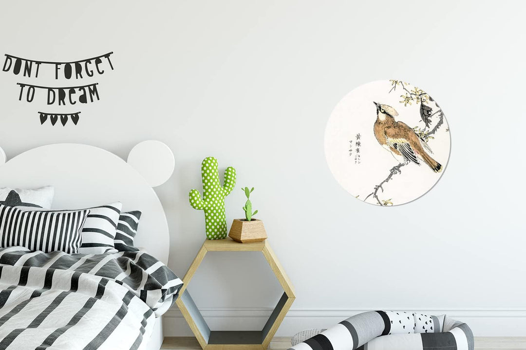 MuchoWow Wandbild Rund Wanddeko Deko Wohnzimmer Bilder 30x30 cm Vogel - Zweig - Schriftzeichen - Jap