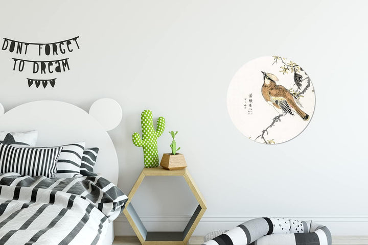 MuchoWow Wandbild Rund Wanddeko Deko Wohnzimmer Bilder 30x30 cm Vogel - Zweig - Schriftzeichen - Jap