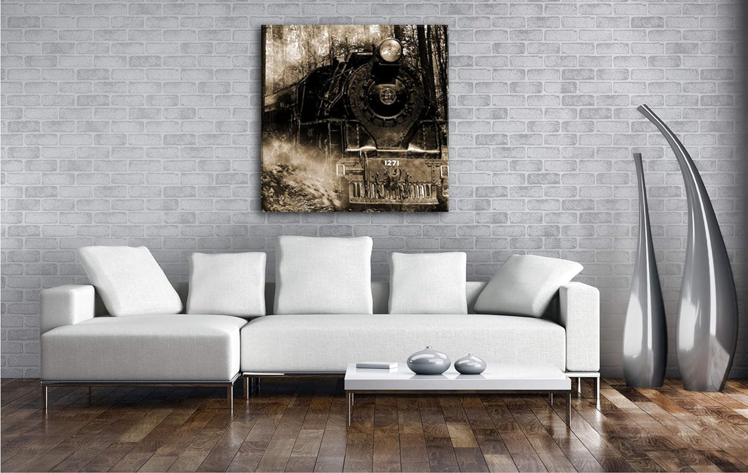 deyoli gewaltige Lokomotive im Wald im Format: 70x70 Effekt: Sepia als Leinwandbild, Motiv auf Echth