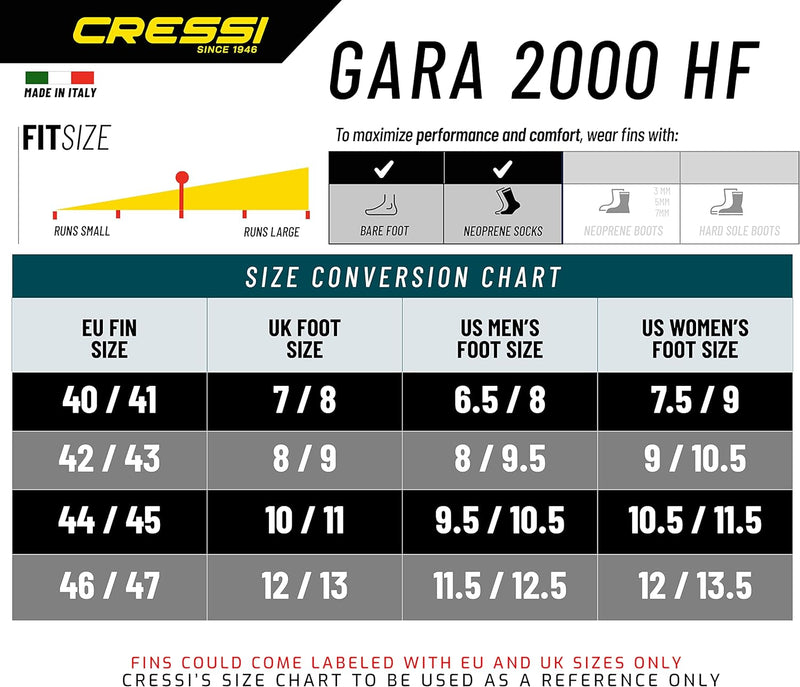 Cressi Lang gratis Tauchen Reactive Flossen | Gara 2000 HF Made in Italien Qualität seit 1946 EU 40/