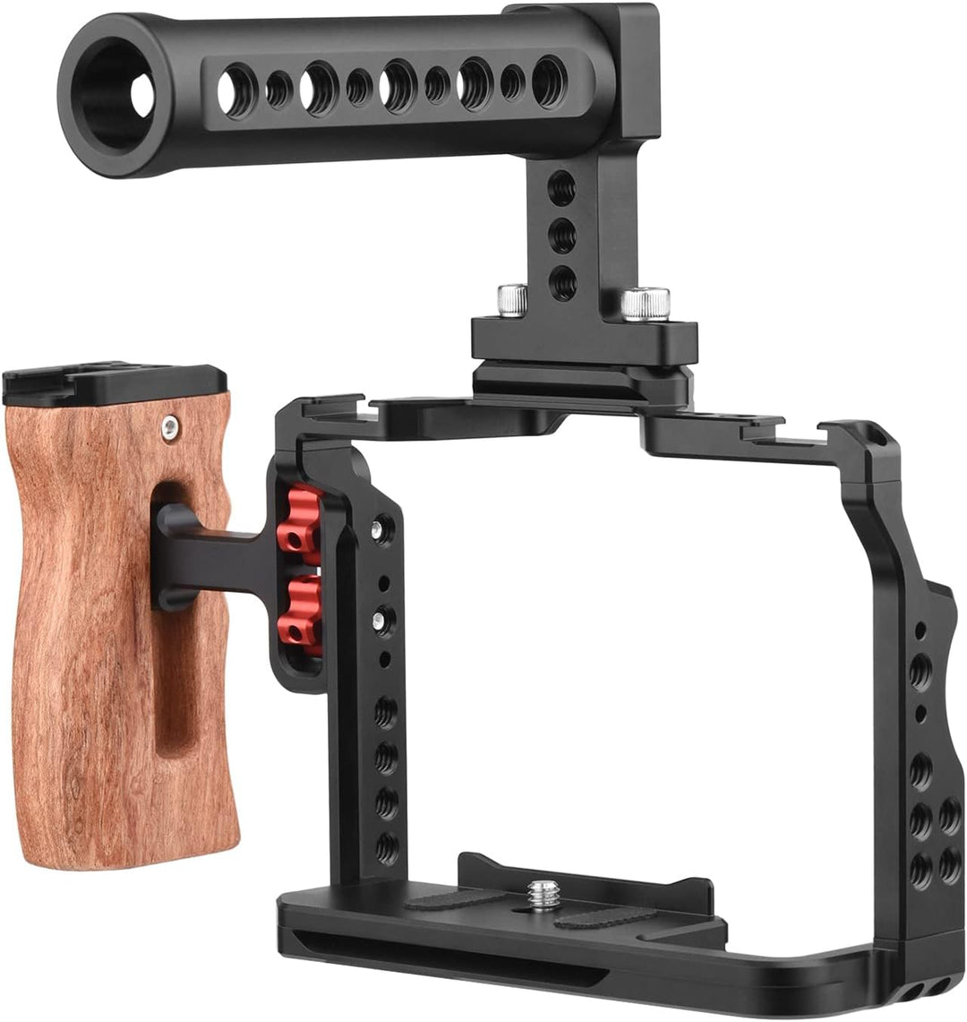 Andoer Andoer Camera Video Cage + Handle + Side Wooden Grip Kit Aluminiumlegierung mit Dual Cold Sho