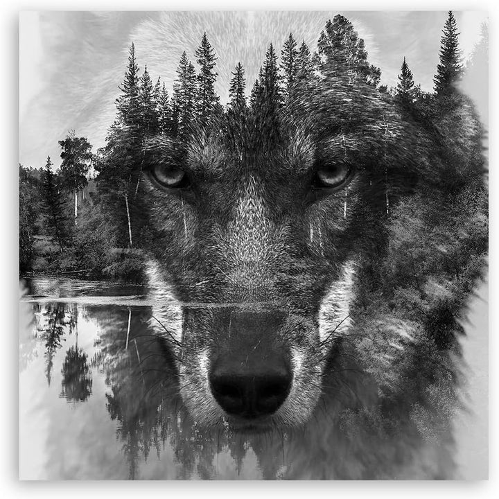 Feeby Wanddeko Abstraktion Natur Wolfskopf 50x50 cm Leinwandbild Kunstdruck Tier Raubtier See der Wä