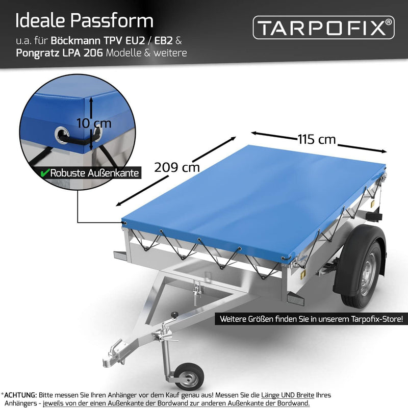 Tarpofix® Anhängerplane Flachplane 209 x 115 x 10 cm + 3x Planenbügel (verstellbar 100-145 cm) - ran