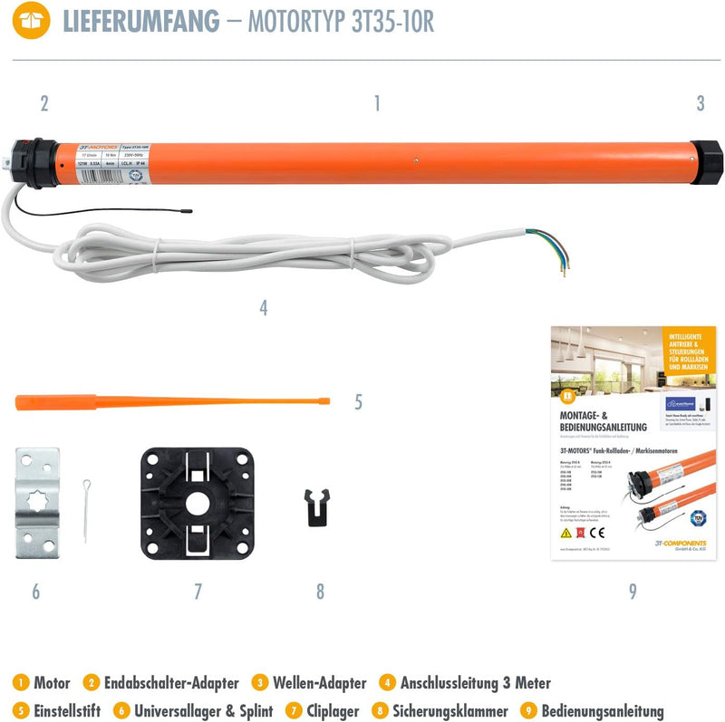 3T-MOTORS Funk-Rollladenmotor 3T35-10R (Zugkraft 10 Nm/25 kg) für 40 mm 8kant Rollladenwelle (SW40),