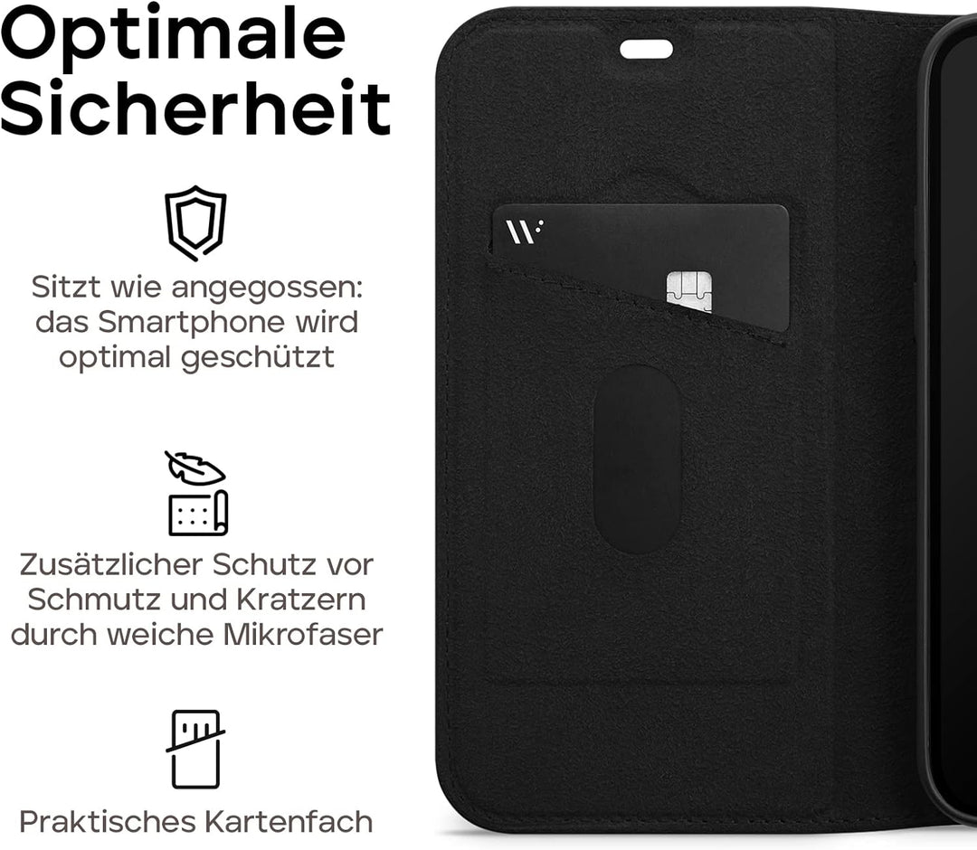 WIIUKA Echt Ledertasche - TRAVEL - Hülle für iPhone 11, mit Kartenfach, extra Dünn, Tasche Schwarz,