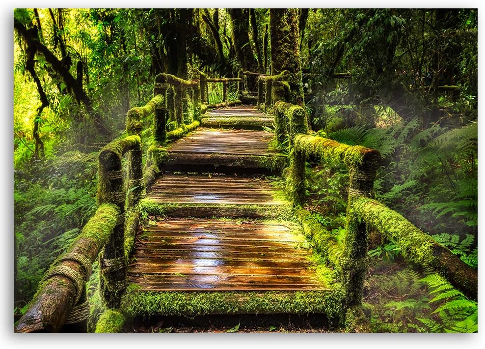 Feeby Vlies Leinwandbild Holzbrücke Treppe Dschungel 90x60 cm Druckbild Wandbild Wanddekoration Deko