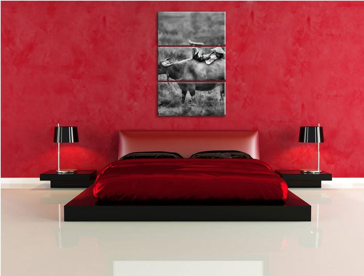 Pixxprint Monocrome, Wasserbüffel trägt Kind 3-Teiler Leinwandbild 120x80 Bild auf Leinwand