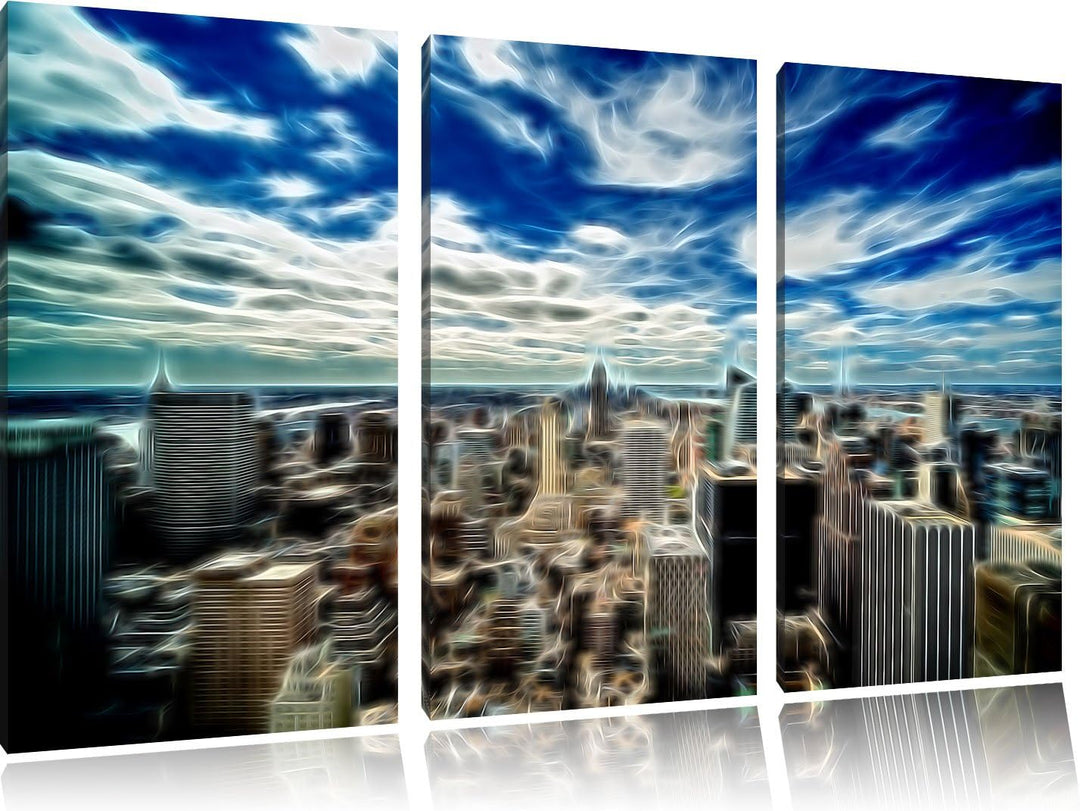 Pixxprint New York von Oben Neon Lights Effekt 3-Teiler Leinwandbild 120x80 Bild auf Leinwand