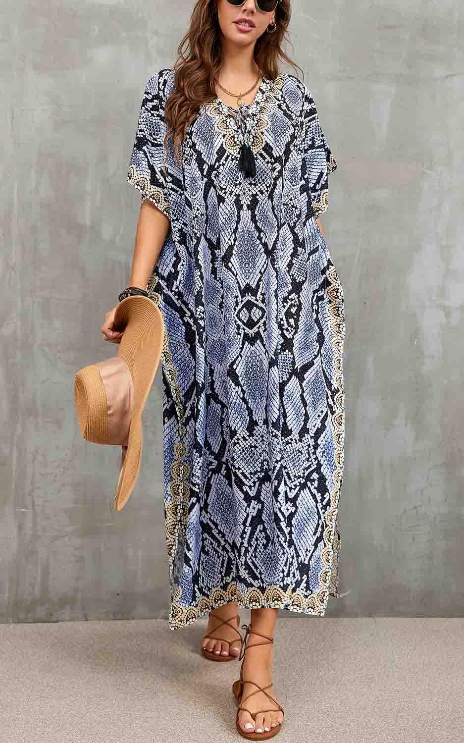 Orshoy Damen Bikini Cover Up Sommerkleid Lang Kaftan Maxikleid Strandponcho V-Ausschnitt Strandkleid