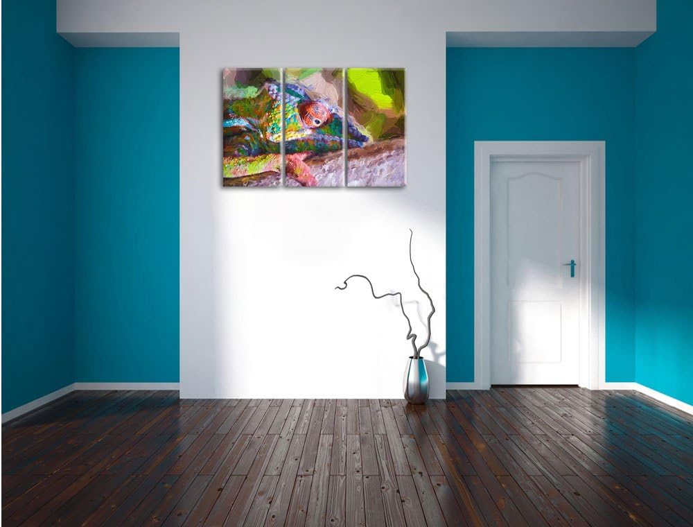 Pixxprint Chamäleon aus Madagaskar Kunst / 3-Teilig/Gesamtmass 120cm Leinwandbild bespannt auf Holzr