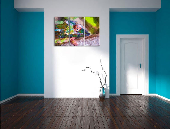 Pixxprint Chamäleon aus Madagaskar Kunst / 3-Teilig/Gesamtmass 120cm Leinwandbild bespannt auf Holzr
