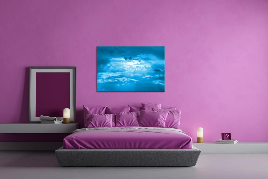 Licht bricht durch die Wolken Format 80x60 Effekt: Monocrome Blau als Leinwandbild, Motiv fertig ger