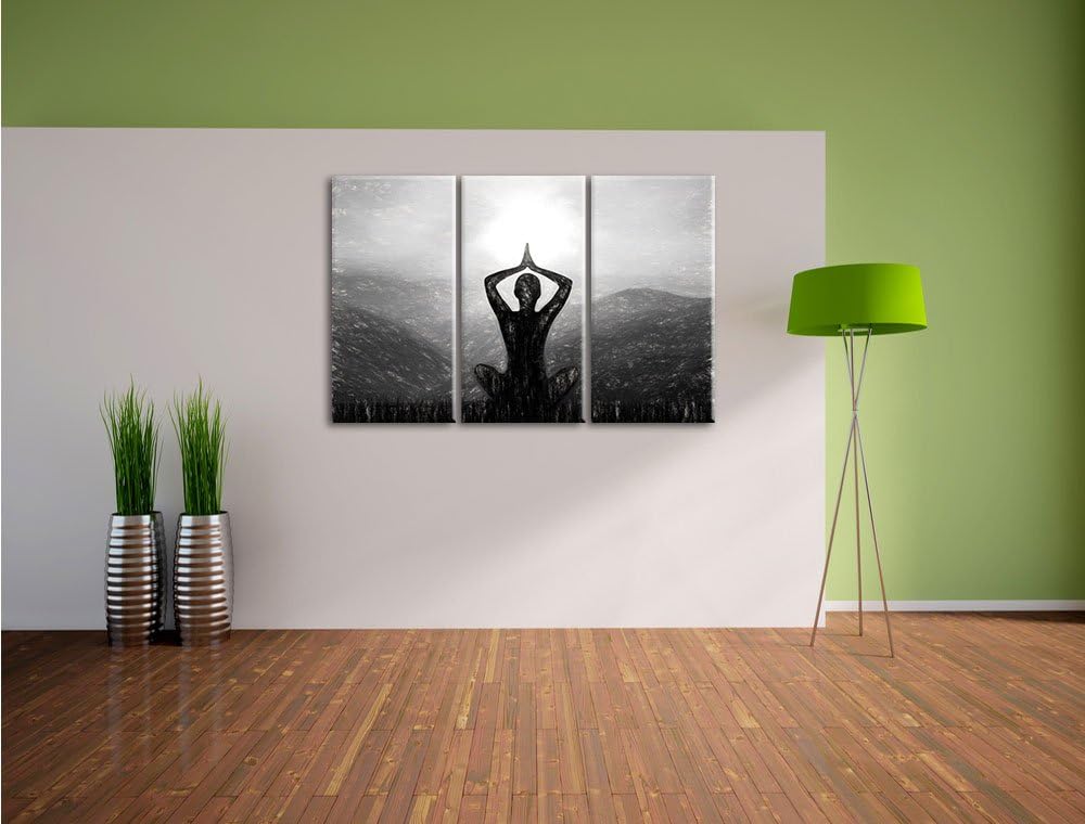 Pixxprint Yoga und Meditation in den Bergen Kunst Kohle Effekt 3-Teiler Leinwandbild 120x80 Bild auf