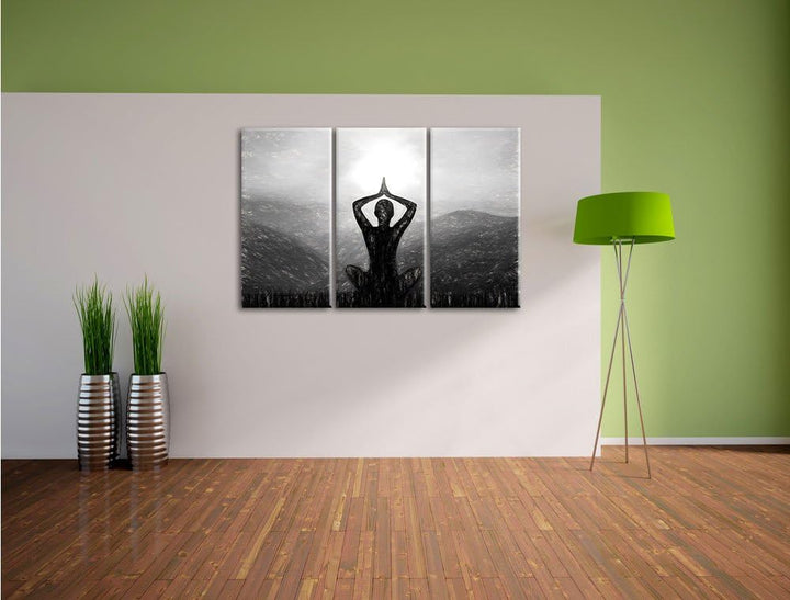 Pixxprint Yoga und Meditation in den Bergen Kunst Kohle Effekt 3-Teiler Leinwandbild 120x80 Bild auf