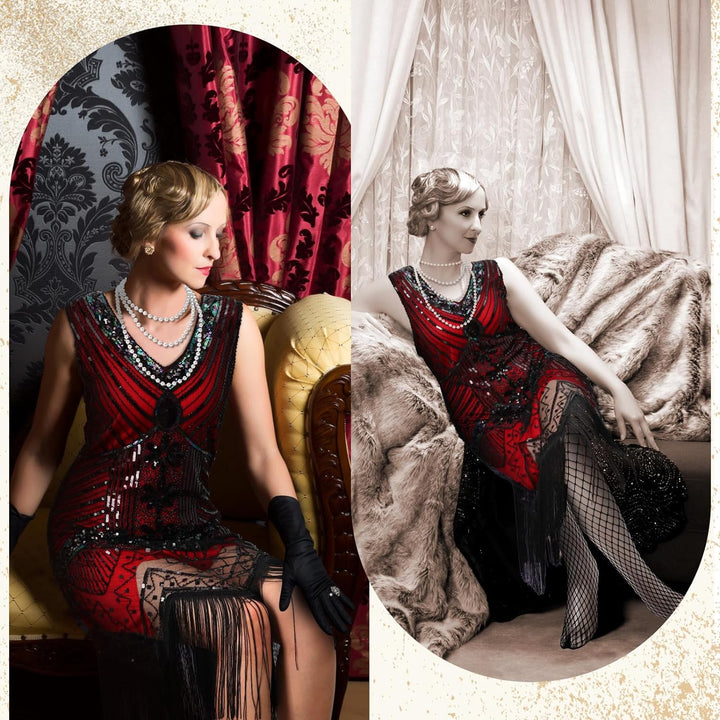 Blulu 9 Stück 1920er Jahre Damen Flapper Kleid Kostüm Set V Ausschnitt Pailletten Perlen Swing Frans