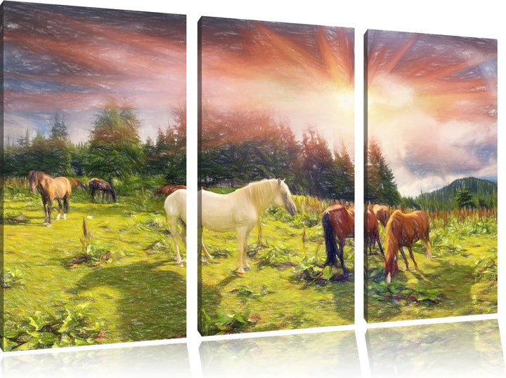 Pixxprint Mustangs Pferde auf den Bergen als Leinwandbild/Grösse: 3 Teilig (120x80 cm) cm/Wandbild/K